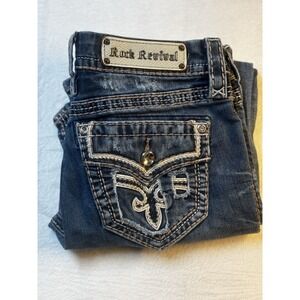 Rock Revival Jeans Sukara Women's Sz 29 Crop Distressed Embroidered Flap Pocket